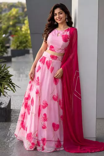 baby pink organza printed lehenga choli