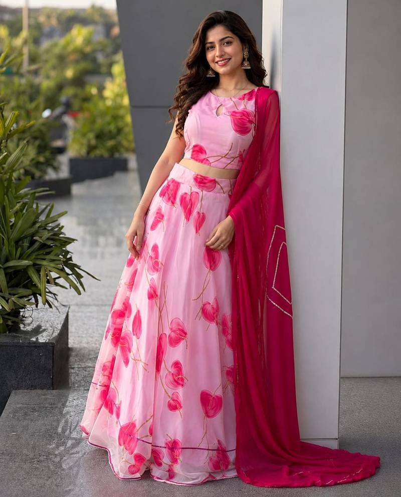 baby pink organza printed lehenga choli
