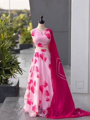 baby pink organza printed lehenga choli with free size upto 38 2