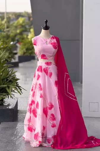 baby pink organza printed lehenga choli