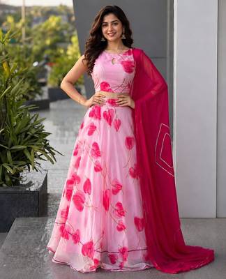baby pink organza printed lehenga choli with free size upto 38 3