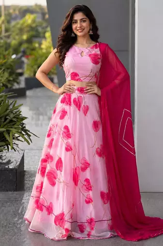 baby pink organza printed lehenga choli