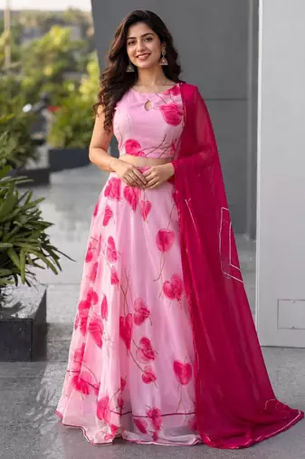baby pink organza printed lehenga choli