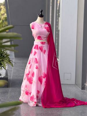 baby pink organza printed lehenga choli with free size upto 38 5