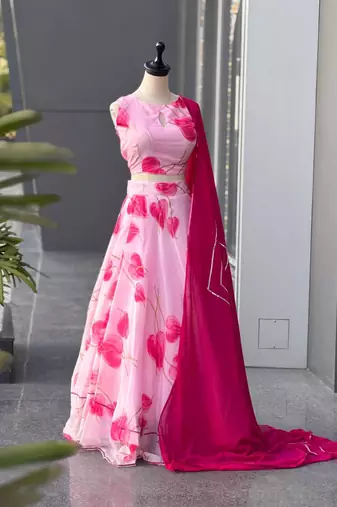 baby pink organza printed lehenga choli