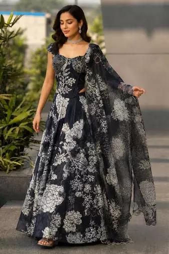 black organza printed lehenga choli