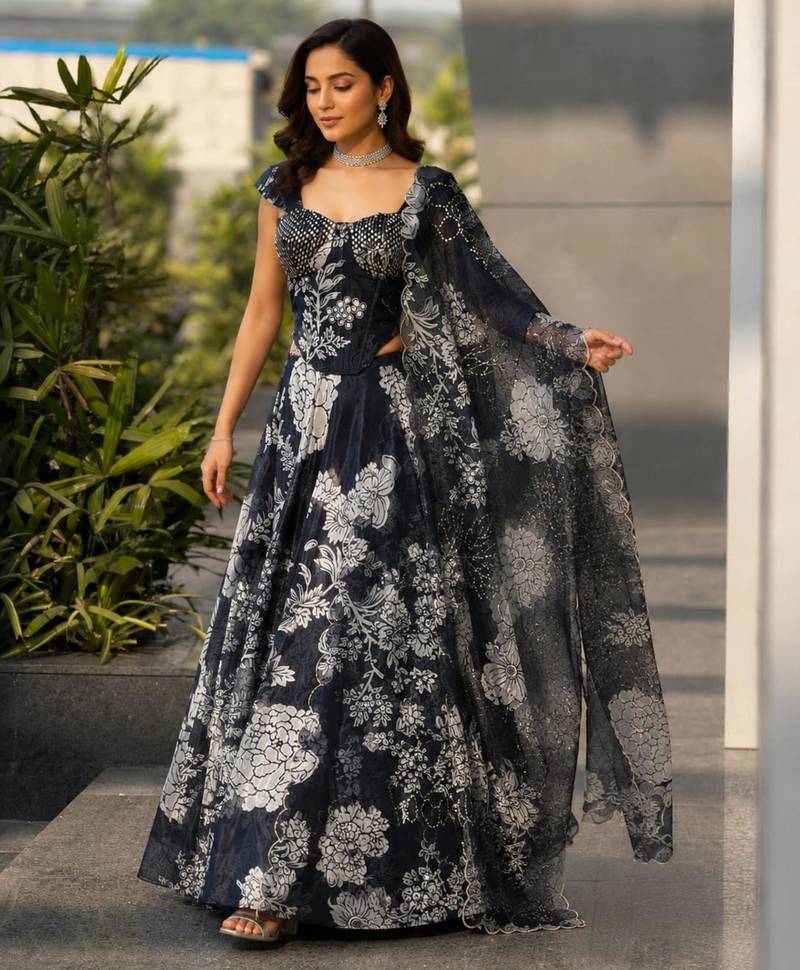 black organza printed lehenga choli