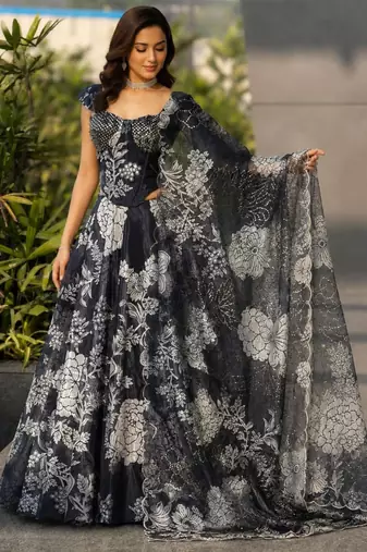 black organza printed lehenga choli