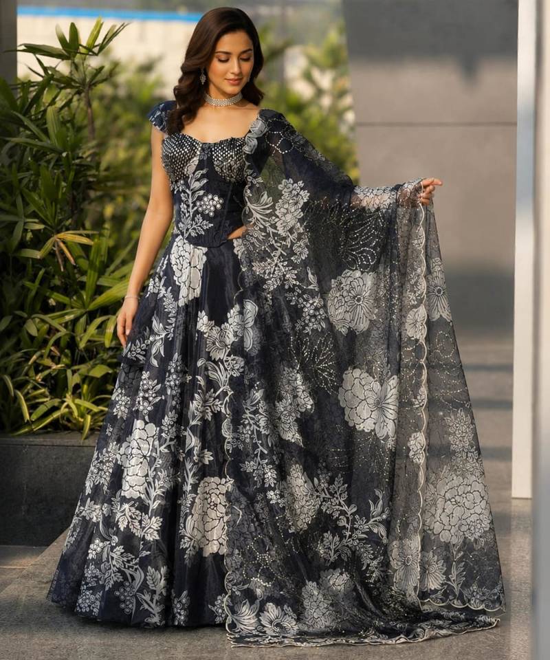 black organza printed lehenga choli