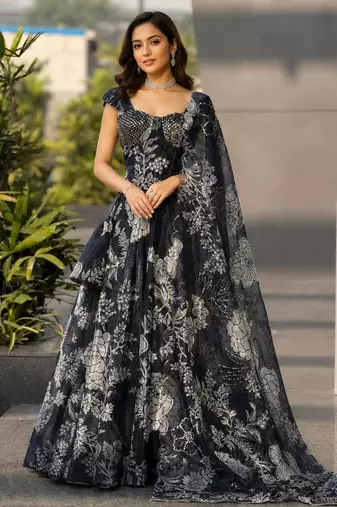 black organza printed lehenga choli