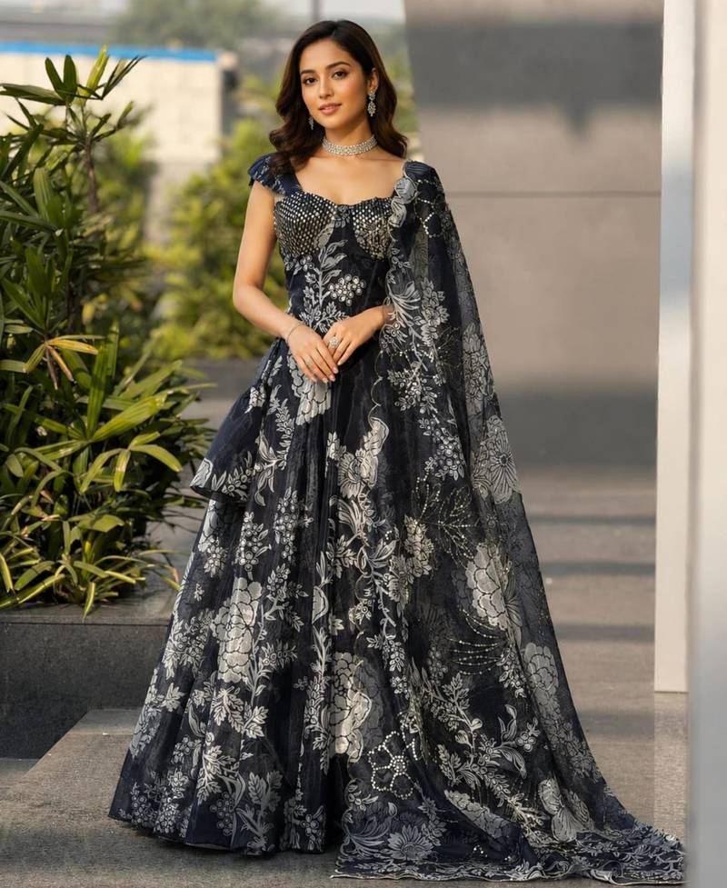 black organza printed lehenga choli