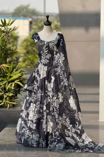 black organza printed lehenga choli