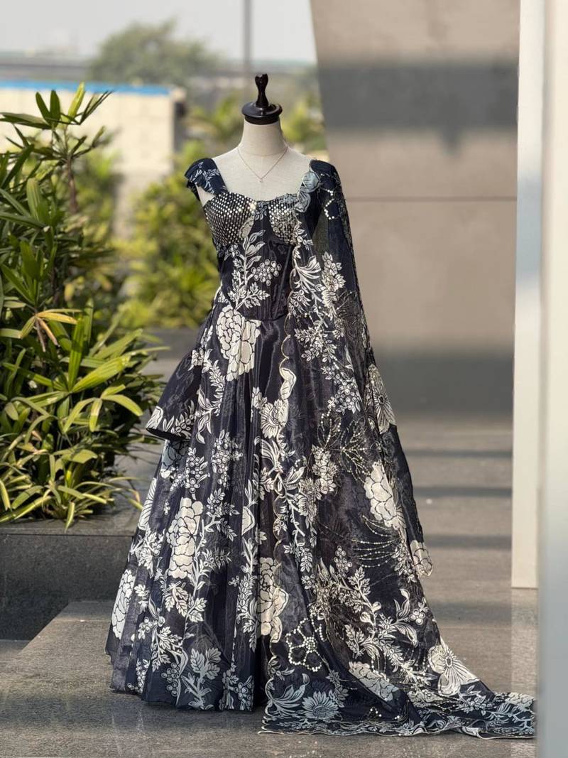 black organza printed lehenga choli