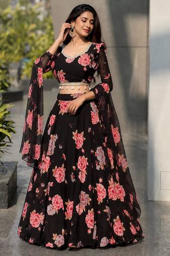multicolor georgette printed lehenga choli