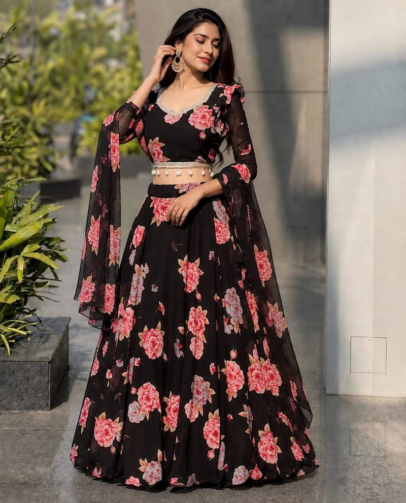 multicolor georgette printed lehenga choli