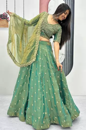 green silk blend embroidered lehenga choli