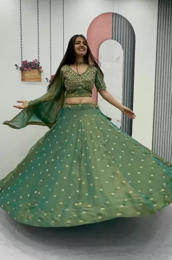 green silk blend embroidered lehenga choli