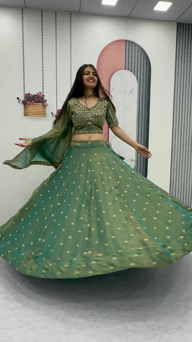 green silk blend embroidered lehenga choli