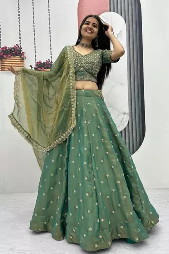 green silk blend embroidered lehenga choli