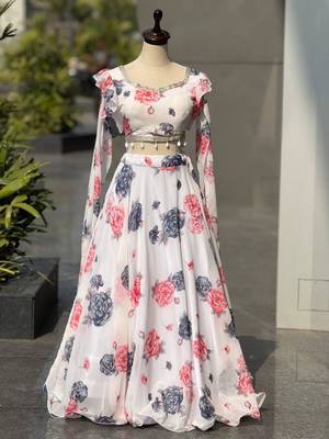 multicolor georgette printed lehenga choli with free size upto 38 4