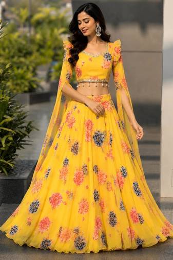 light yellow georgette printed lehenga choli