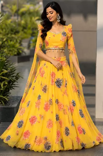 light yellow georgette printed lehenga choli