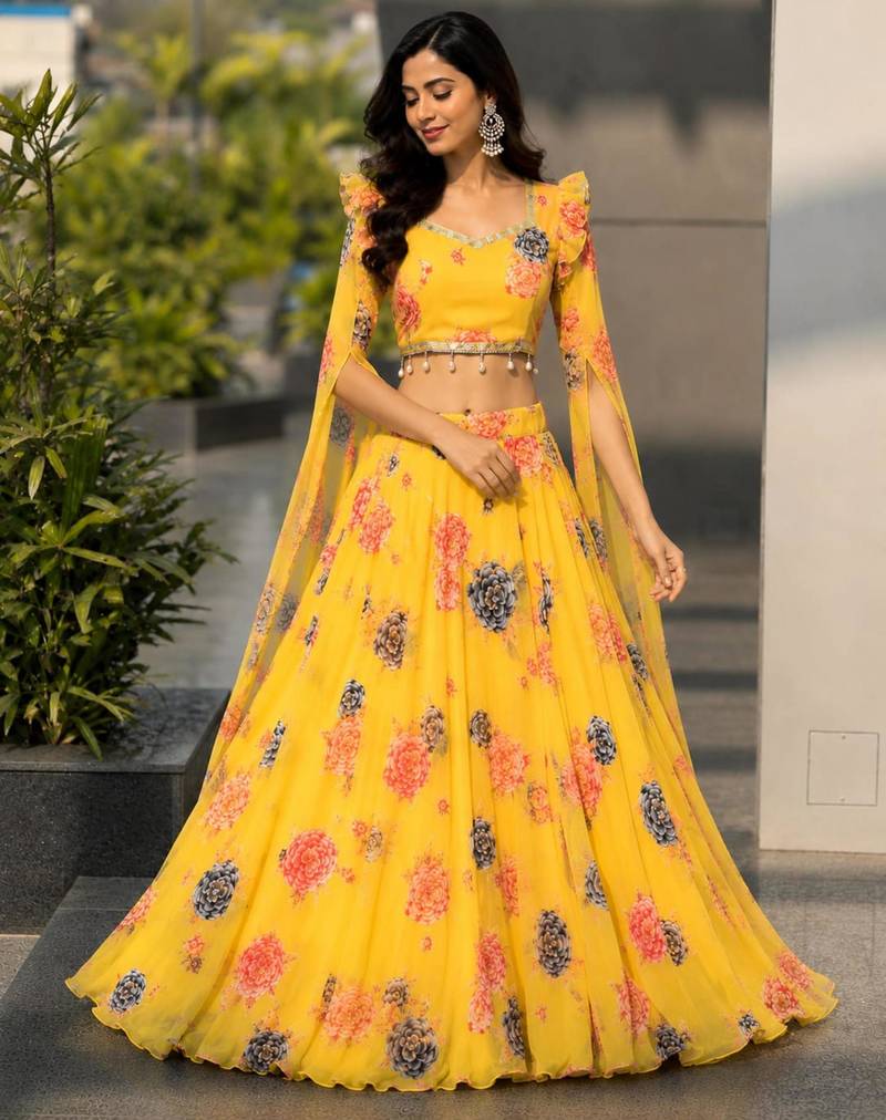light yellow georgette printed lehenga choli