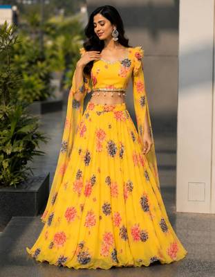 light yellow georgette printed lehenga choli with free size upto 38 2