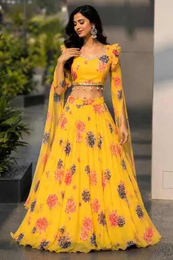 light yellow georgette printed lehenga choli