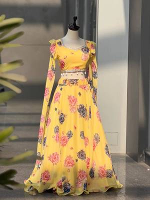 light yellow georgette printed lehenga choli with free size upto 38 3