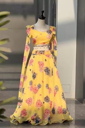 light yellow georgette printed lehenga choli