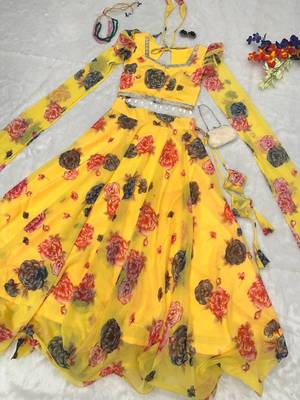 light yellow georgette printed lehenga choli with free size upto 38 4