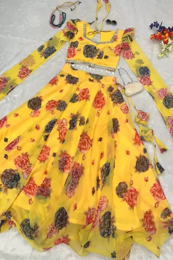 light yellow georgette printed lehenga choli