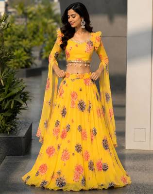 light yellow georgette printed lehenga choli with free size upto 38 5
