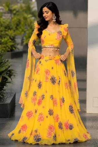 light yellow georgette printed lehenga choli