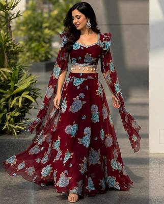 multicolor georgette printed lehenga choli with free size upto 38 1