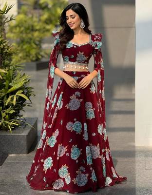 multicolor georgette printed lehenga choli with free size upto 38 2