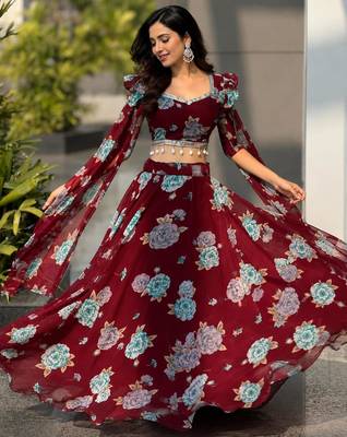 multicolor georgette printed lehenga choli with free size upto 38 3
