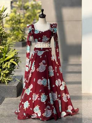 multicolor georgette printed lehenga choli with free size upto 38 5