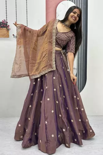 dark purple silk blend embroidered lehenga choli