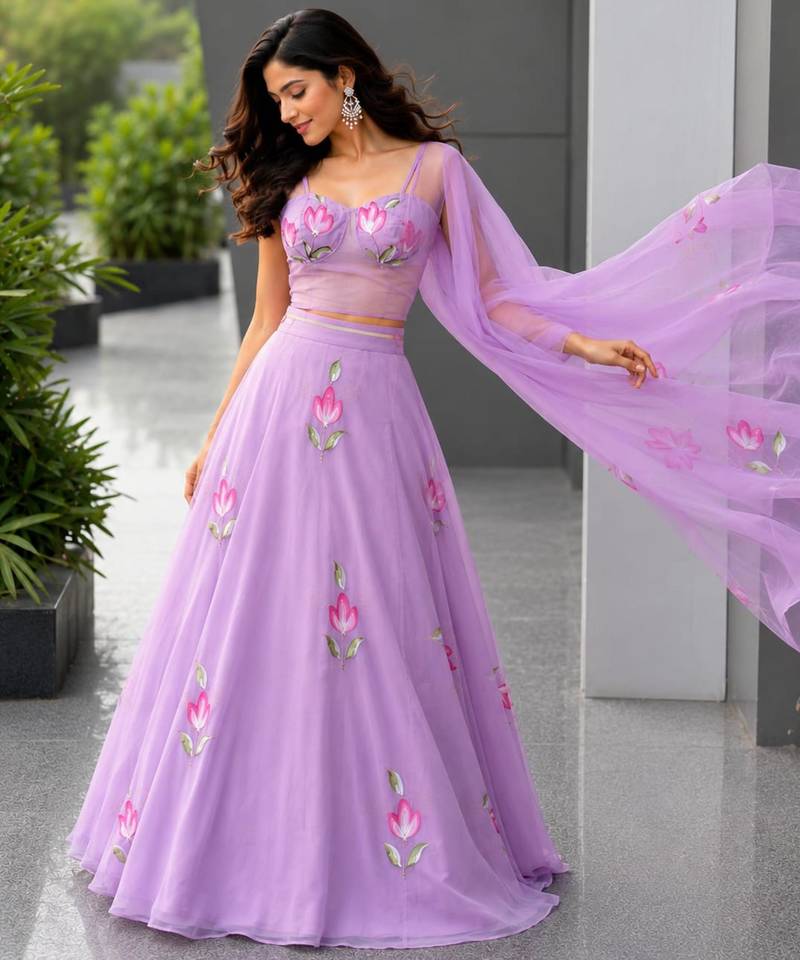 lavender georgette printed lehenga choli