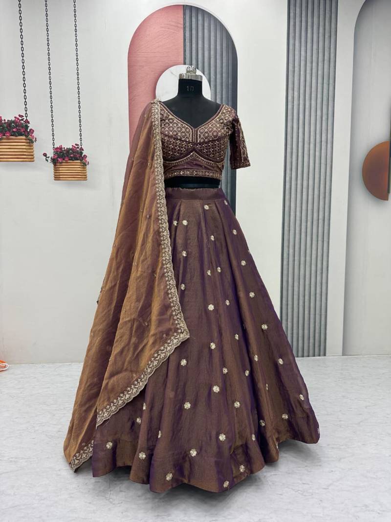 dark purple silk blend embroidered lehenga choli