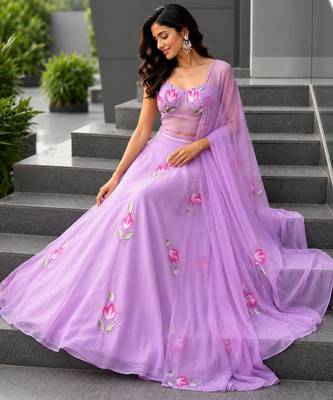 lavender georgette printed lehenga choli with free size upto 38 2