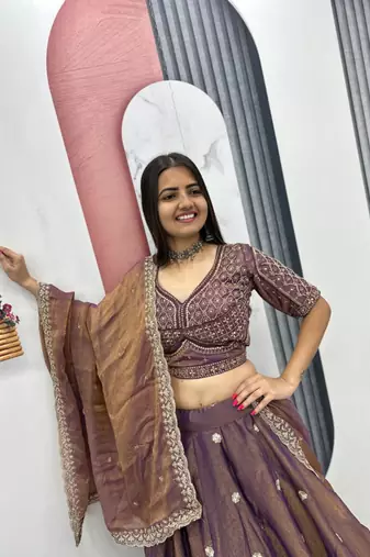 dark purple silk blend embroidered lehenga choli