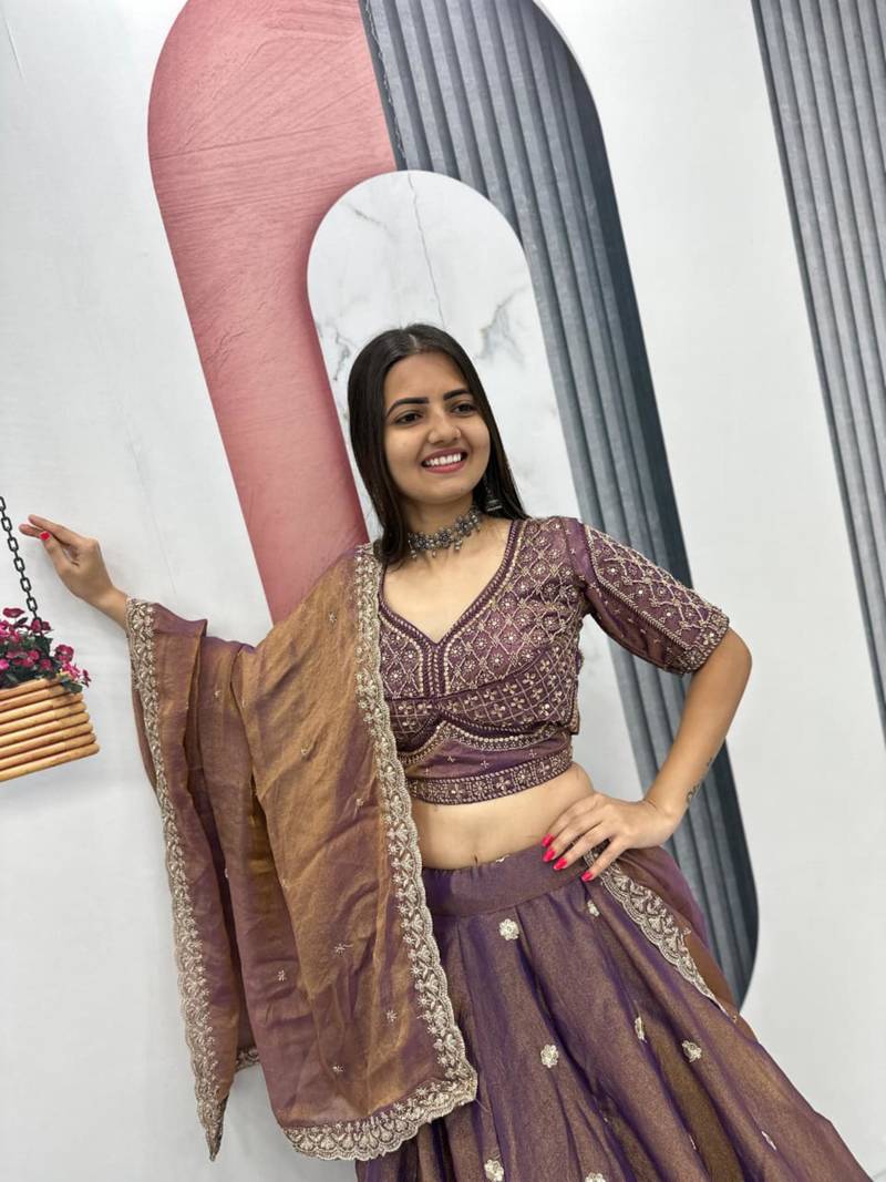 dark purple silk blend embroidered lehenga choli