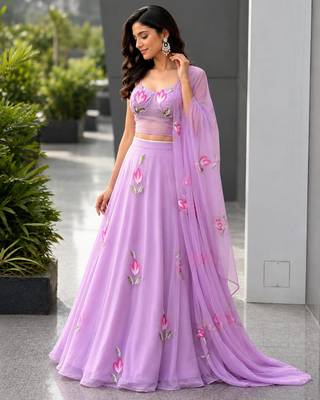 lavender georgette printed lehenga choli with free size upto 38 3