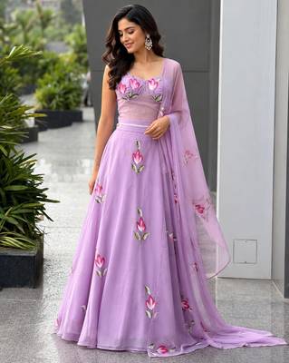 lavender georgette printed lehenga choli with free size upto 38 4