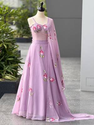 lavender georgette printed lehenga choli with free size upto 38 5