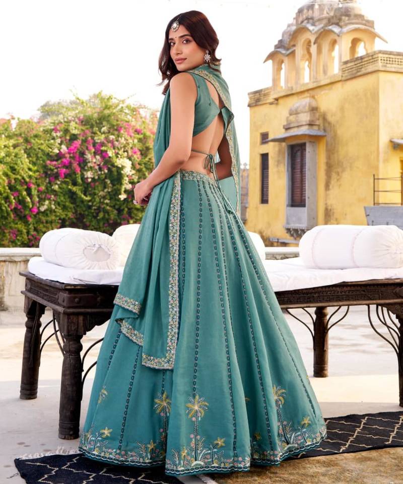 teal silk blend embroidered lehenga choli