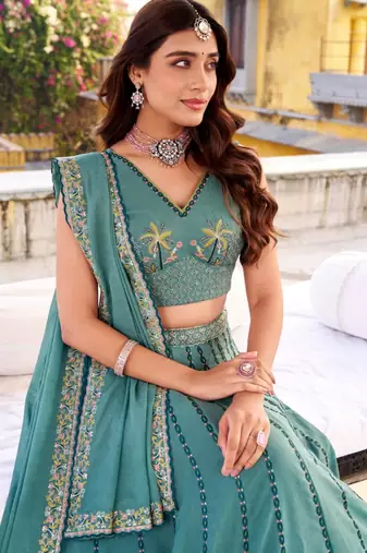 teal silk blend embroidered lehenga choli